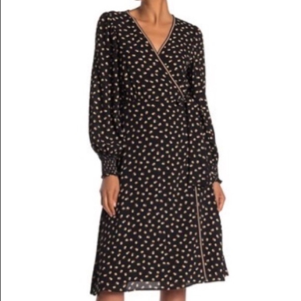 Max Studio Dot Wrap Dress Size S black red long sleeves midi classic career
